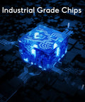 Abstract digital chip visualization with text 'Industrial Grade Chips' in a dark blue tech-themed background.