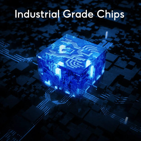 Abstract digital chip visualization with text 'Industrial Grade Chips' in a dark blue tech-themed background.