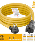 Angled Beefy Heavy Duty Indoor Outdoor Extension Cord 6 Ft 12 AWG SJTW 15A To 4 In 1 T Blade Receptacle NEMA 5 15P To 5 15R 5 20R 6 15R 6 20R