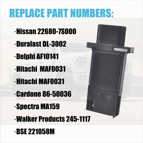 Mass Air Flow Sensor MAF 22680-7S000 Drop In Replacement for Nissan vehicles shown with compatible part numbers