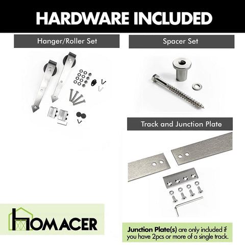 Beefy Brushed Nickel Non-Bypass Sliding Barn Door Hardware Kit components including hanger, roller, spacer, track, and junction plate.