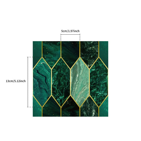 Close-up of hex emerald pattern with dimensions from Holographic Emerald Art Deco Peel And Stick Backsplash Tiles Self Adhesive PVC Wall Tiles For Kitchen Bathroom And Laundry Room Easy DIY With 50 Sheets 7.87 Inch Square Covers About 21.5 Sq Ft Coverage Hex Emerald Pattern Dope Look.