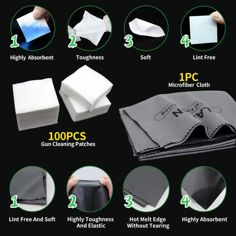 100 gun cleaning patches and 1 microfiber cloth from 9mm Bore Cleaner And Pro Grade 5 Oz CLP Oil Gun Cleaning Kit