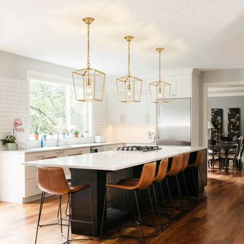 Industrial Gold Lantern Pendant Light With Iron Cage E26 Chandelier For Dining Room And Kitchen Modern Minimalist Gold Fixture Geometric Frame Glam Bulbs Not Included over kitchen island