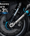 Pro Grade Torque Wrench Set With Quarter Inch Drive Three Eighths Inch Drive And Half Inch Drive Click Type Precision Kit With Adapters And Seventy Two Tooth Ratchet Dual Scale Three Percent Accuracy For Car Motorcycle And Bike Repairs in use on motorcycle wheel