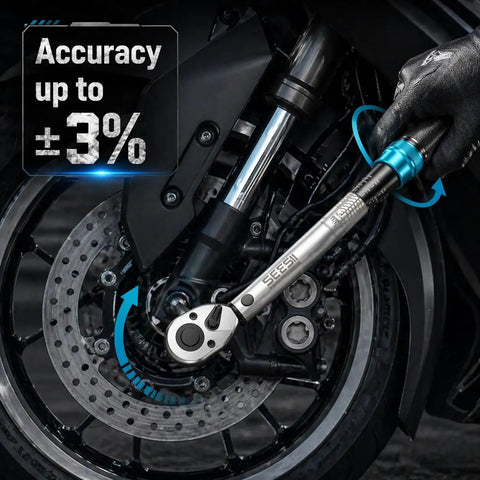 Pro Grade Torque Wrench Set With Quarter Inch Drive Three Eighths Inch Drive And Half Inch Drive Click Type Precision Kit With Adapters And Seventy Two Tooth Ratchet Dual Scale Three Percent Accuracy For Car Motorcycle And Bike Repairs in use on motorcycle wheel
