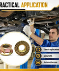 Mechanic using a wrench on a vehicle, featuring 50 Piece M10-1.25 Exhaust Flange Nuts Straight Up Top Shelf Locked Serrated Hardware.