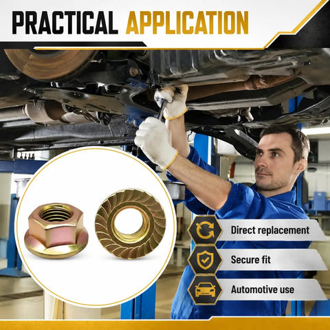 Mechanic using a wrench on a vehicle, featuring 50 Piece M10-1.25 Exhaust Flange Nuts Straight Up Top Shelf Locked Serrated Hardware.