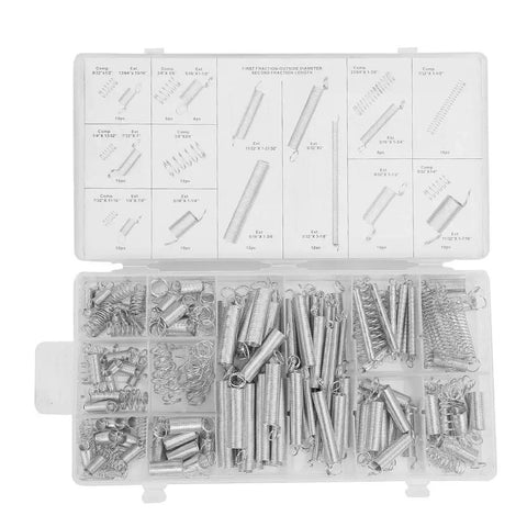 Ultimate 200 Pcs Spring Assortment Kit With 20 Sizes For Any Home Repair Job Featuring Heavy Duty Extension And Compression Springs Stored In A Snazzy Organized Box For Super Easy Access And Quick Fixes, open plastic case