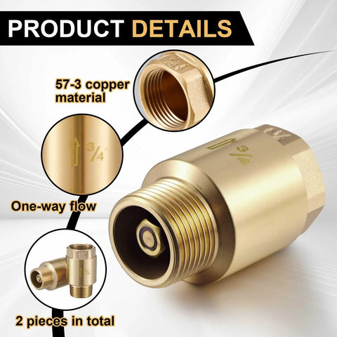Two-pack brass 3/4-inch in-line check valve, one-way, NPT male to FNPT outlet for garden irrigation