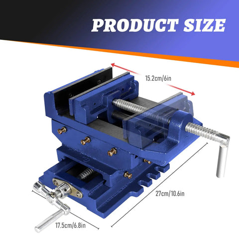 Heavy Duty Cast Iron Drill Press Vise Featuring Six Inch Max Jaw Opening And Slick Two Way Xy Sliding Base for precise woodworking, showing dimensions.