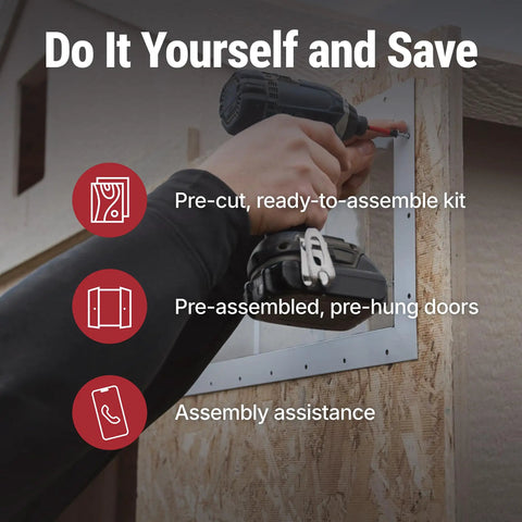 DIY 10x12 Wooden Storage Shed With Floor assembly focus showing prehung door kit installation steps with a drill.