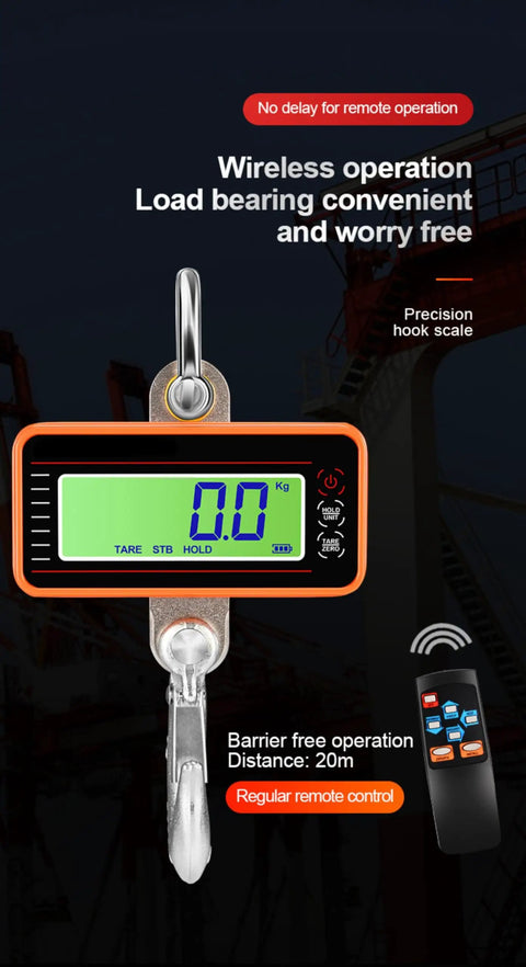 Digital Crane Scale With 3300 Lbs Capacity Heavy Duty Weighing Tool remote control with display and hook for precision weighing.