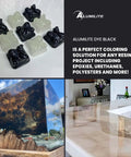 Alumilite black resin dye, 1 oz for epoxy/urethane/polyester casting; collage shows resin samples and an epoxy countertop.