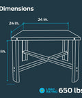 Diagram showing dimensions of Water Heater Stand 24 Inch By 24 Inch 18 Inch High Elevation with 1200 lb load capacity, labeled as 650 lbs.