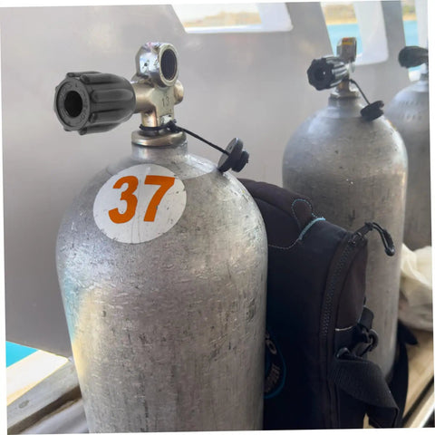 Scuba Tank Valve Replacement For Diving Cylinder Valve Upgrade With Leakproof Seal attached to metal diving cylinder on boat deck
