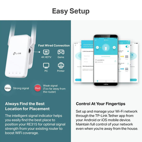 AC1200 WiFi Extender For Home With OneMesh, Dual Band Boost, image showing setup instructions and smartphone app interface