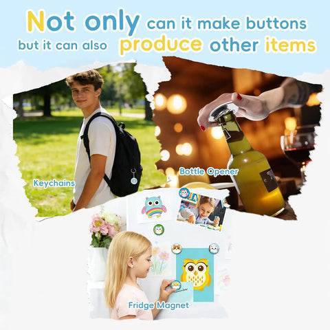 DIY Button Maker Kit With 3 Size Molds shown with keychain, bottle opener, and fridge magnet in use