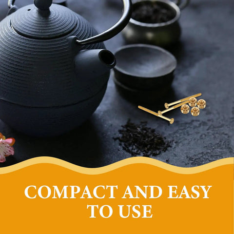 Copper Nut And Bolt Set For Teapot Lid Replacement And Repair 10 Pack Precision Screws And Nuts Kit For Furniture Repair And Household Use Durable Copper Build For Corrosion Resistance And Stable Attachment, gold screws beside black teapot