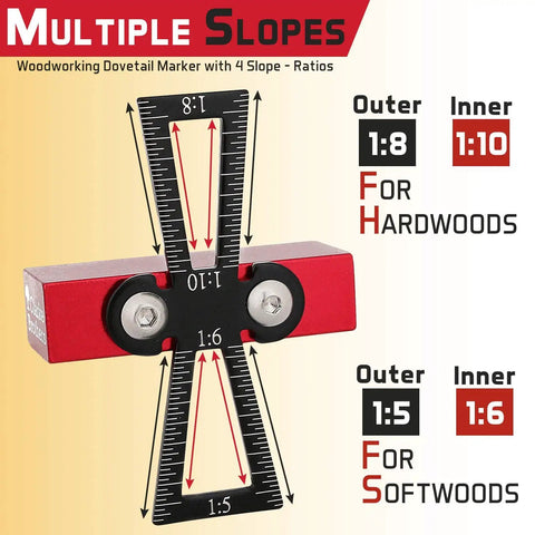 Woodworking Dovetail Tool With Precision Marker And 1:5, 1:6, 1:8 And 1:10 Slopes, Extra Large Body, Ergonomic Design For Pros And DIYers