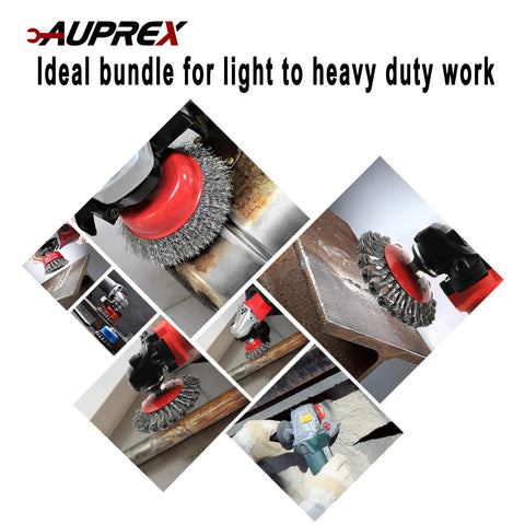 AUPREX 4-pack wire wheel and cup brush set for 4-1/2 in angle grinder, 5/8-11 arbor, steel bristles