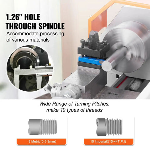 Powerhouse Brushless Mini Metal Lathe Machine 7 Inch x 16 Inch Chuck Size with 1.26" hole through spindle for various materials.
