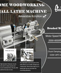 Straight Shooting Compact Mini Lathe Machine Featuring Variable Speed DC Motor Turning Wood Aluminum And Plastics Benchtop Workhorse Hella Versatile For Quick DIY Crafts And Tiny Models with three-jaw chuck and tool post.
