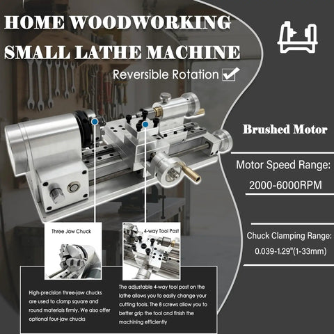 Straight Shooting Compact Mini Lathe Machine Featuring Variable Speed DC Motor Turning Wood Aluminum And Plastics Benchtop Workhorse Hella Versatile For Quick DIY Crafts And Tiny Models with three-jaw chuck and tool post.