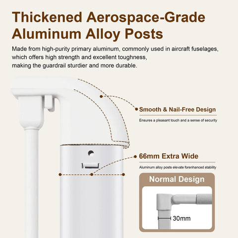 Thickened aerospace-grade aluminum posts of Height Adjustable Toddler Bed Rail With Thick Reinforced Guard One Hand Swing Down