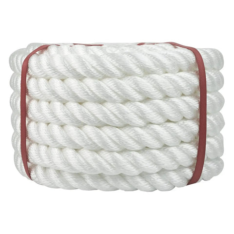 1 Inch 100 Ft Floating Twisted Polypropylene Rope for Marine Use and Wet Projects, coiled and white with red binding