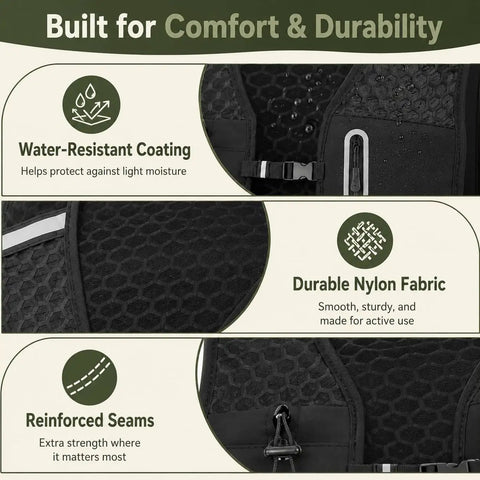 Close-up of black No Bounce Hydration Vest For Running With 2L Bladder And 500ml Soft Flask, water-resistant nylon fabric