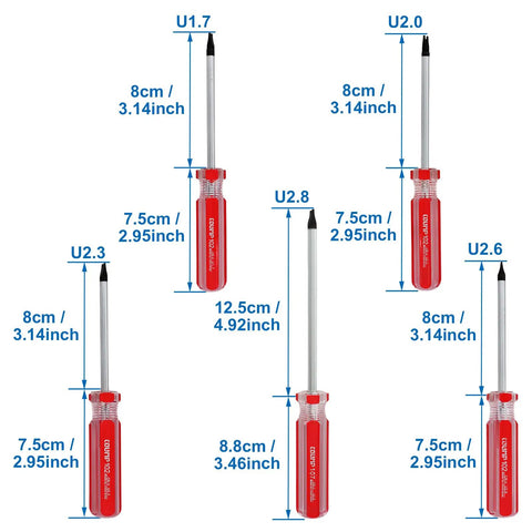 Top Tier Magnetic Spanner Screwdriver Set In Bold Red Featuring Five Sizes Forged From Tough Chrome Vanadium Steel Delivering Zero Drama Precision Repairs On Mini Tech Gadgets Daily, showing sizes U1.7, U2.0, U2.3, U2.6, U2.8.