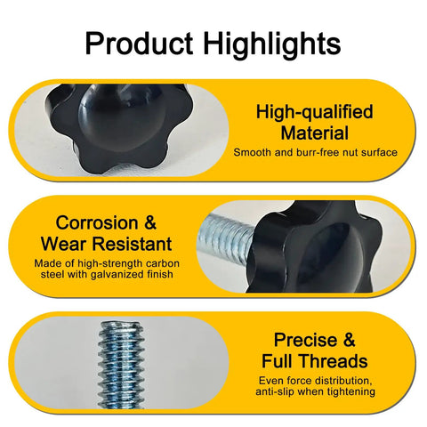 Product highlights of Killer Star Knobs With Galvanized Steel Bolts 1/4-20 Thread showcasing corrosion-resistant material and precise threads.