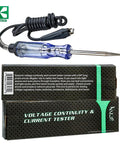 All In One Continuity And Current Tester For 6 To 12 V DC And 24 V AC Heavy Duty Electrical Tester With 54 Inch Beefy Cord Bright Indicator Light Sharp Probe Ideal For Automotive And Home Wiring displayed next to packaging box.