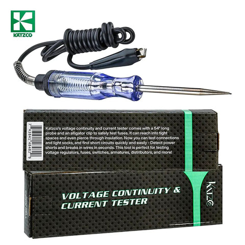 All In One Continuity And Current Tester For 6 To 12 V DC And 24 V AC Heavy Duty Electrical Tester With 54 Inch Beefy Cord Bright Indicator Light Sharp Probe Ideal For Automotive And Home Wiring displayed next to packaging box.