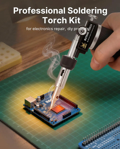 Pro Grade Butane Torch Kit With 16 Pieces, Cordless Soldering Iron on electronics board for DIY projects