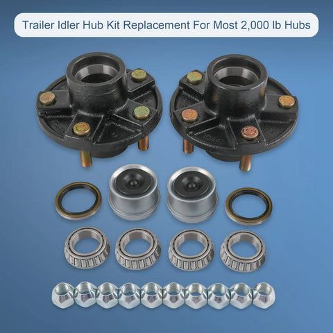 Trailer Idler Hub Kit Set For 5 On 4.5 Inch Axles 2000 Lb Capacity 1-1/16 Inch Straight Spindle Includes Outer Cone Bearings Grease Seals Lube Caps And 1/2 Inch Wheel Nuts displayed on blue background with all components visible