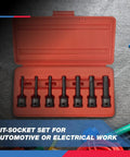 Open orange case showing a 3/8 Inch Drive Allen Socket Set With 3 Inch Length, Impact-Grade Hex Bits, SAE Range 3/16 To 1/2 Inch, CrMo Steel