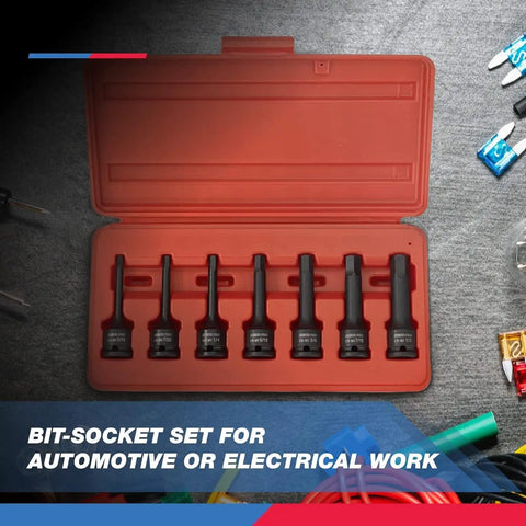 Open orange case showing a 3/8 Inch Drive Allen Socket Set With 3 Inch Length, Impact-Grade Hex Bits, SAE Range 3/16 To 1/2 Inch, CrMo Steel