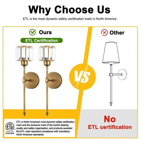 Comparison of ETL certified Set Of 2 Brushed Brass Wall Sconces Hardwired Vanity Lights With Fabric Shade vs non-certified option