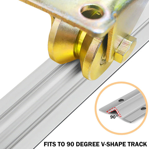 4-pack 2-inch V-groove gate casters on aluminum track; heavy-duty sliding gate rollers.