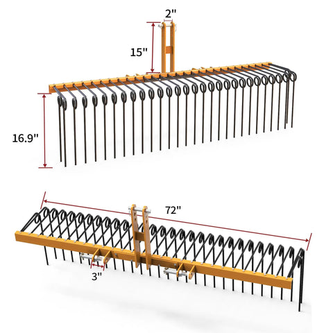 72 Inch Tow Behind Landscape Rake With 32 Steel Tine Dethatcher For Category 1 Tractors, Heavy Duty Powder Coated Finish