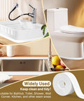 Waterproof Self Adhesive Caulk Tape 3 Roll Set shown sealing edges in shower, tub, sink, and toilet areas.