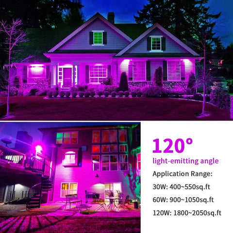 2 Pack 120W LED Black Light Flood Light With Plug And Switch IP66 Waterproof Outdoor Spotlight For Dance Parties Neon Glow Posters Body Paint Fluorescent Stage Lighting illuminating houses with purple glow