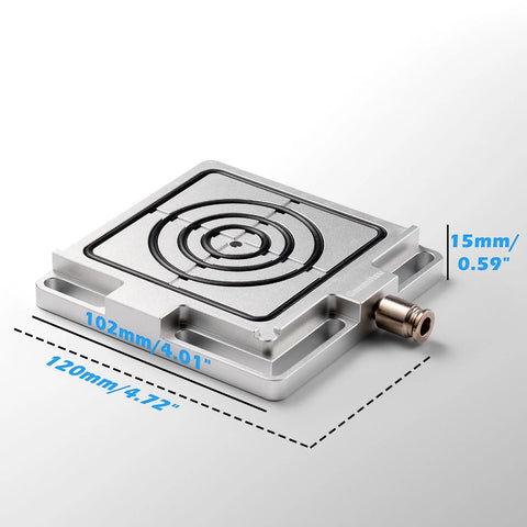Angled top view of aluminum Genmitsu vacuum clamp pod with circular vacuum pad and brass inlet, 120 x 102 x 15 mm