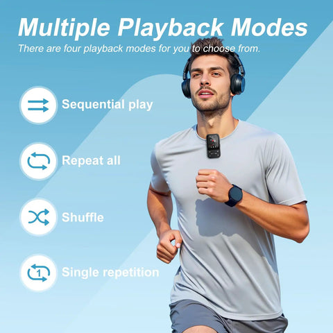 Man running with 128GB Clip MP3 Player with Bluetooth 5.3, FM Radio, Voice Recorder, E-Book Reader, and Workout Ready Portable Music Player