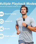 Man running with 128GB Bluetooth 5.3 MP3 Player With Clip For On The Go Listening HiFi Sound, showing playback modes.