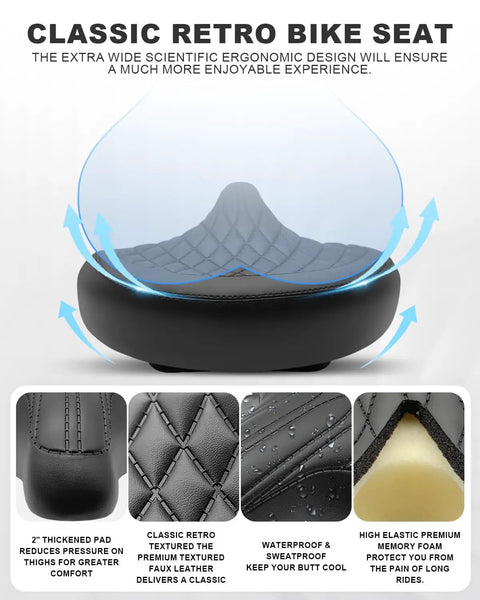 Oversized Wide Bike Seat For Men And Women With Comfy Soft Vintage Style Saddle And Waterproof Shock Absorbing Padding
