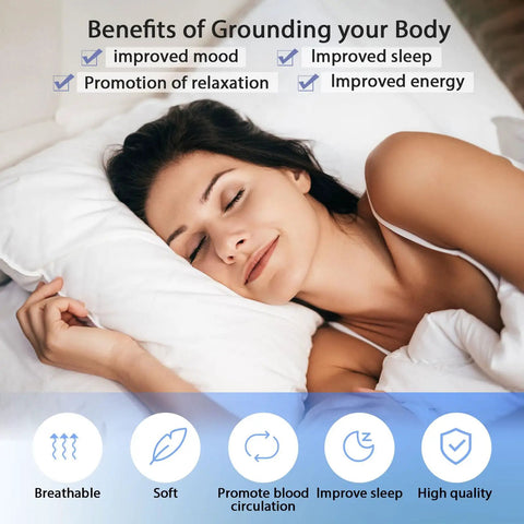 Woman sleeping peacefully with benefits of grounding displayed, promoting relaxation and improved energy with Grounding Mat Kit