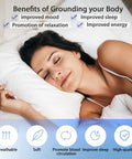 Woman sleeping peacefully, benefits of grounding listed: improved mood, sleep, relaxation, energy; Universal Grounding Mat Kit for Sleep Boost.